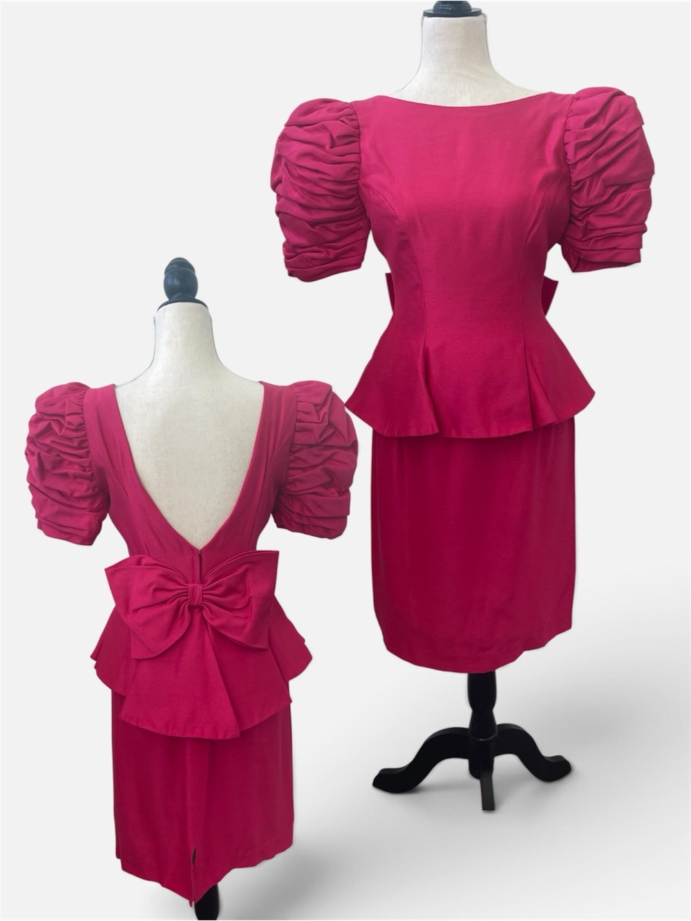 Vintage 80s Dessy Creations Pink Puff Sleeve Bow Detail Peplum Party Dress